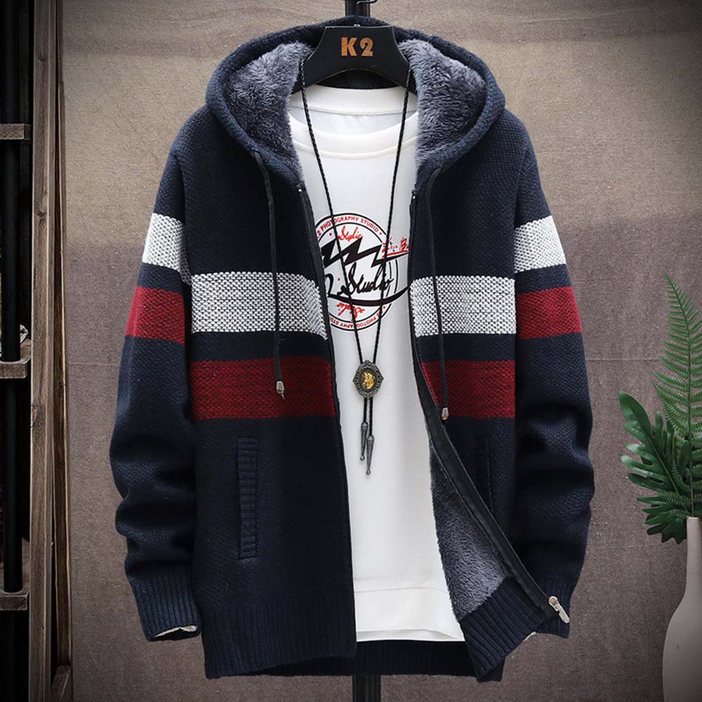 Men's Striped Sweater Coat Thi - огляд і ціна Fleece Hoodie Lined