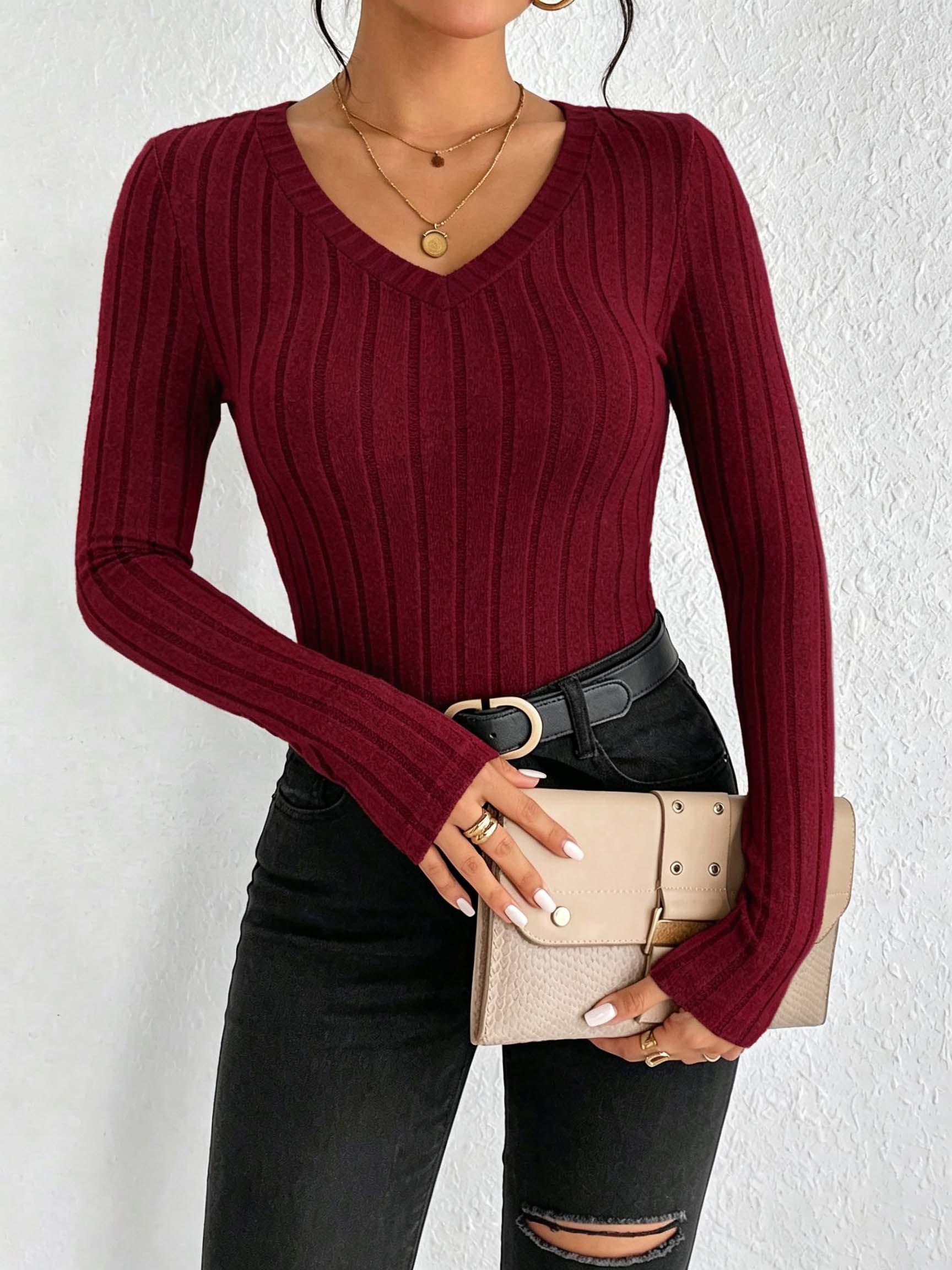 Women Solid V‑Neck Ribbed Knit - огляд і ціна Winter Clothing For Women